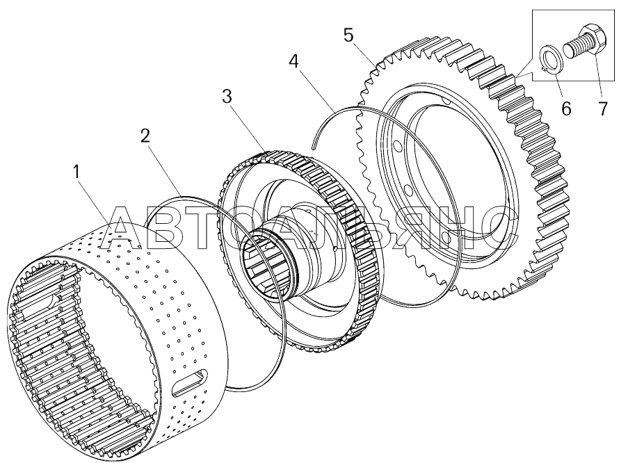 Барабан фрикциона повышающего (понижающего) диапазона (- , );Drum of raising (lowering) range friction clutch