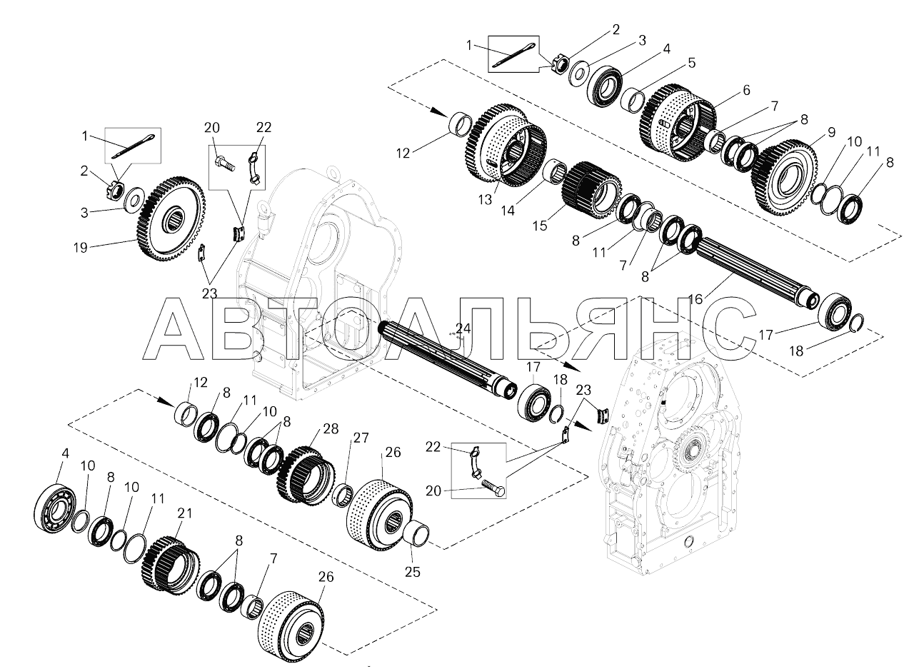 Коробка передач. Установка реверсивного и диапазонного валов;Gearbox. Mounting of reverse shaft and wide-range shaft