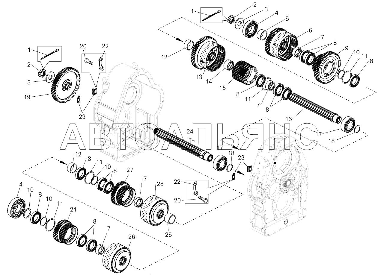 Коробка передач (- , - ). Установка реверсивного и диапазонного валов;Gearbox. Mounting of reverse and range shafts