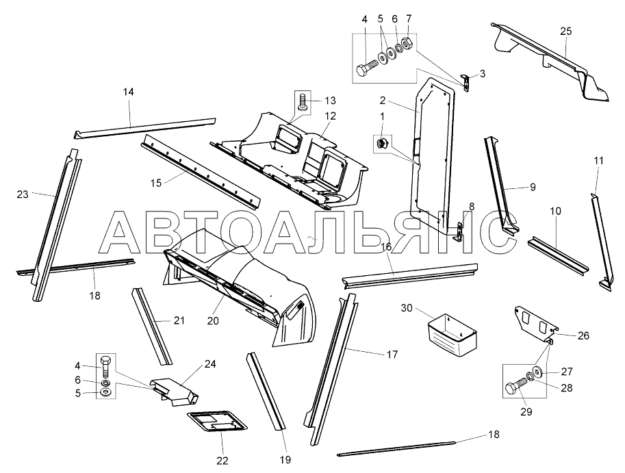 Кабина (75306-5000012-40). Установка приборных панелей и накладок;Cabin. Mounting of instrumentation panels and linings