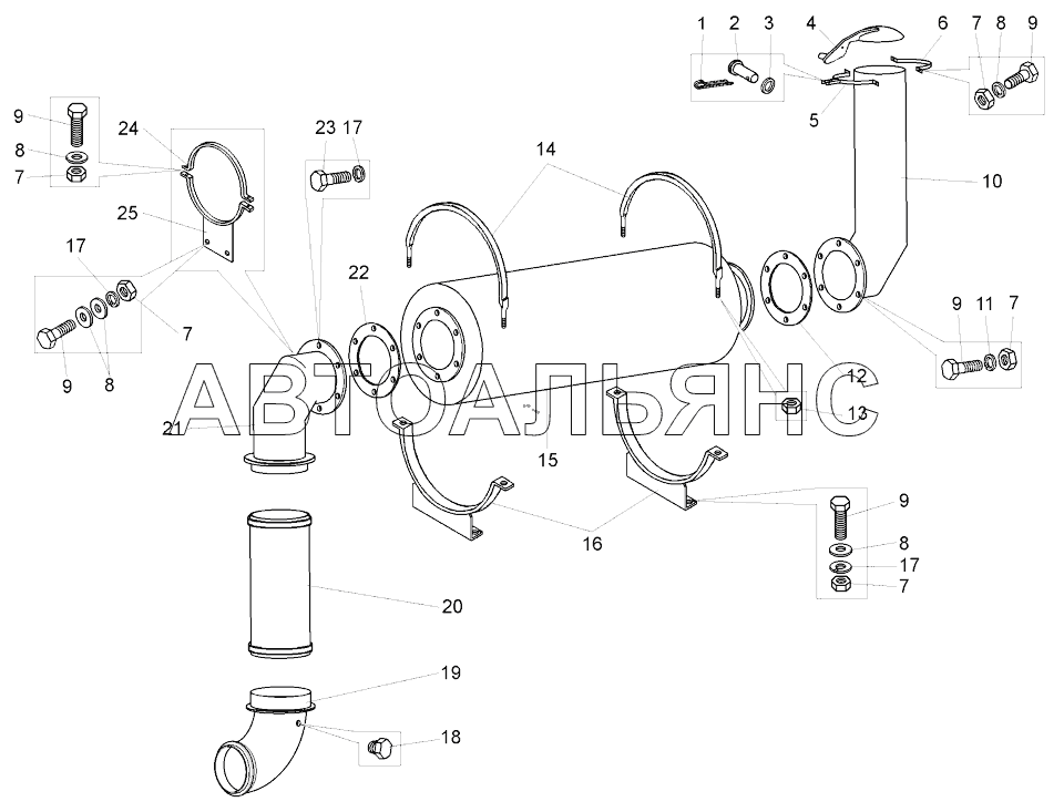 Установка системы выпуска отработавших газов (- , - );Mounting of exhaust system
