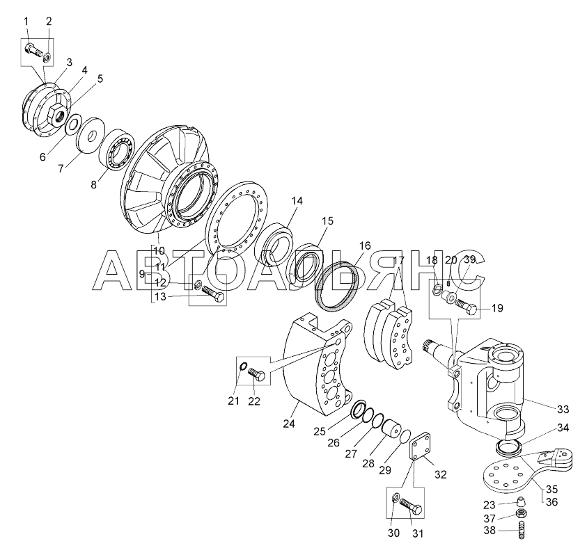 Кулак поворотный со ступицей и тормозами правый (75570-3001006);Steering knuckle with hub and brakes, RH