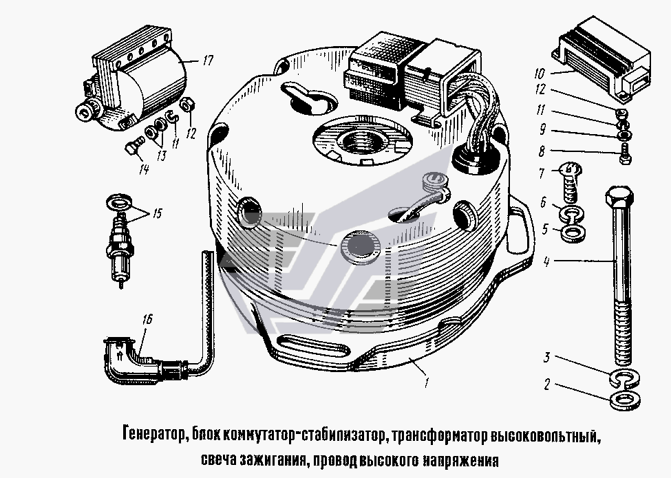 Генератор, блок коммутатор- стабилизатор, трансформатор высоковольтный, свеча зажигания, провод высокого напряжения